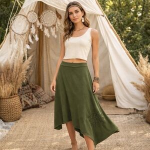 Milk Organic Cotton Blend Olive Green Asymmetrical Skirt  Sustainable Minimalist